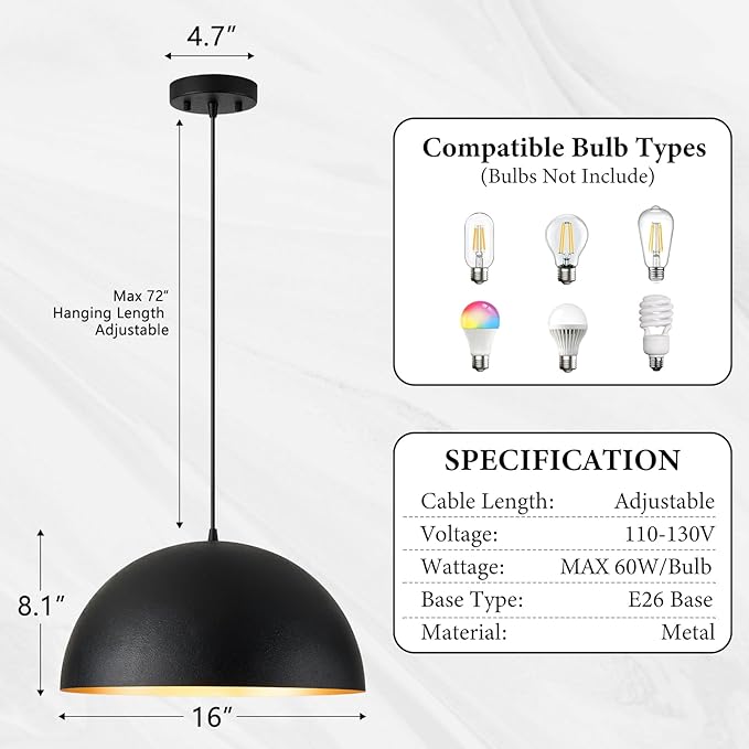 16" Dome Farmhouse Pendant Lights for Kitchen Island,Industrial Matte Black Pendant Light, Modern Adjustable Hanging Lamp for Dining Room,Living Room,Hallway,Cafe,Bar,1 Pack