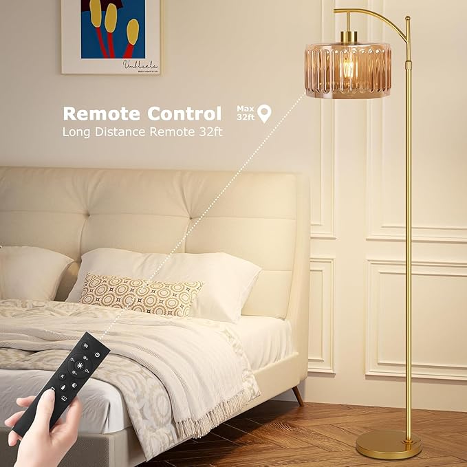 Floor Lamp for Living Room,Bedroom,Gold Dimmable Standing Lamp with Remote,Mid Century Modern Brass Tall Lamp Retro Vintage Glass Lamp Floor Light Boho Bohemian