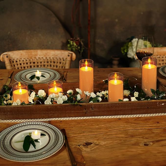 Homemory Amber Flickering Flameless Candles, Battery Operated Acrylic LED Pillar Candles with Remote Control and Timer, Fall Candles, Set of 9