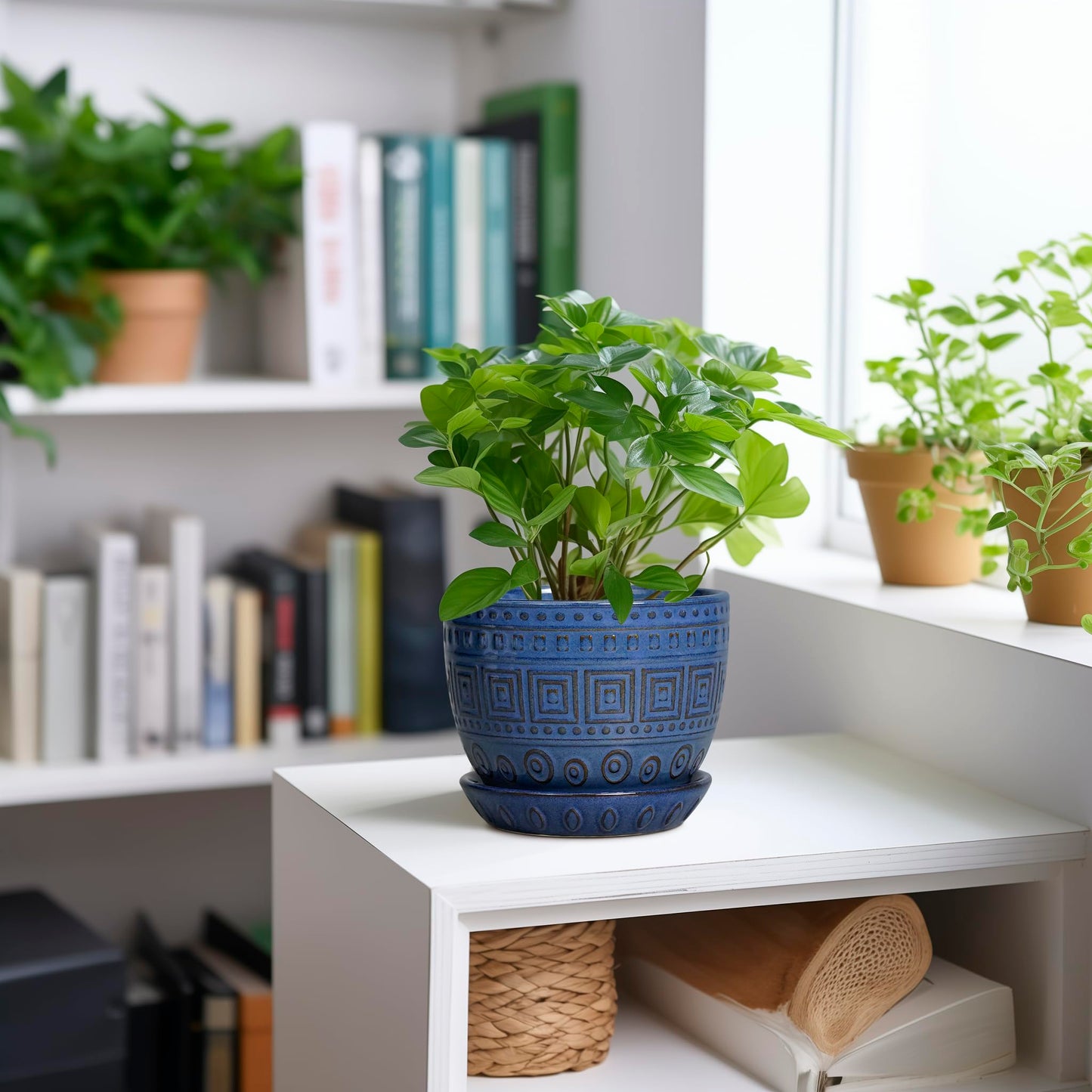G EPGardening Plant Pots Indoor 5 Inch - Ceramic Pot for Plants with Drainage Hole and Saucer Round Planter Outdoor Modern Flower Pot Home Office Decor Blue
