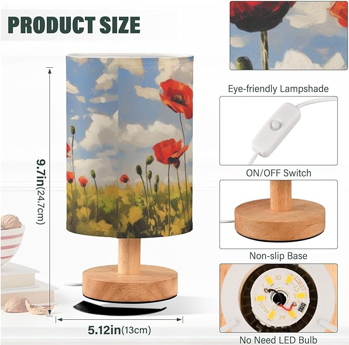 Fustylead Oil Painting Poppy Flowers Bedside Table Lamps with USB Port for Bedroom Lamp Accent Table Lamp Small Nightstand Lamp Sturdy Linen Shade Wooden Decorative Lamps for Office Dorm Home