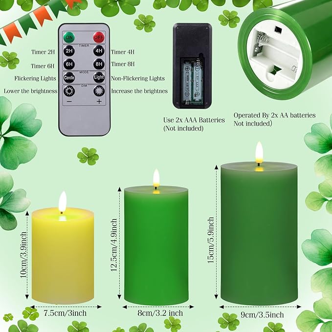 3 Pcs St Patrick s Day Flameless Candles Battery Operated Wax LED Flickering Flameless Pillar Candles with Remote for Home Table Wedding Holiday Party Decor