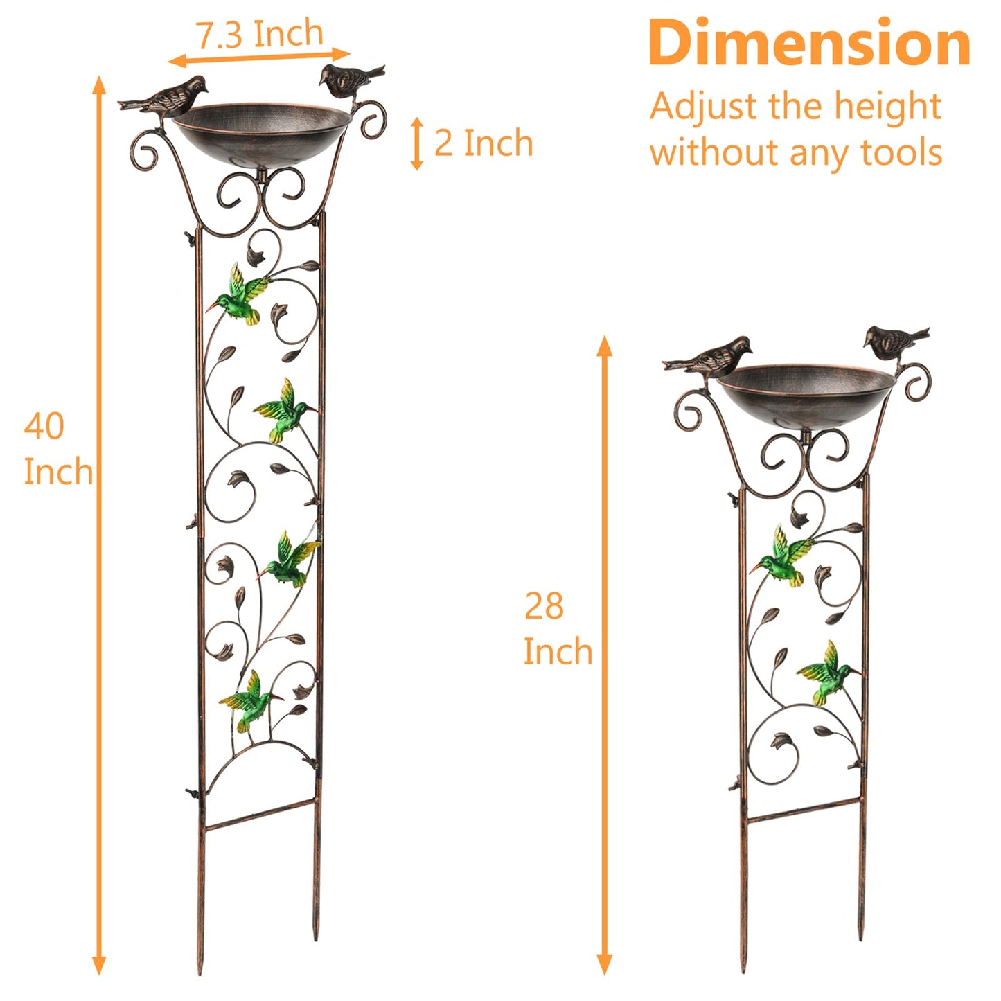 SUNNYPARK Antique Garden Iron Trellis with Decorative Hummingbirds Detachable Bird Bath Bowl Metal Potted Plant Support for Climbing Flowers