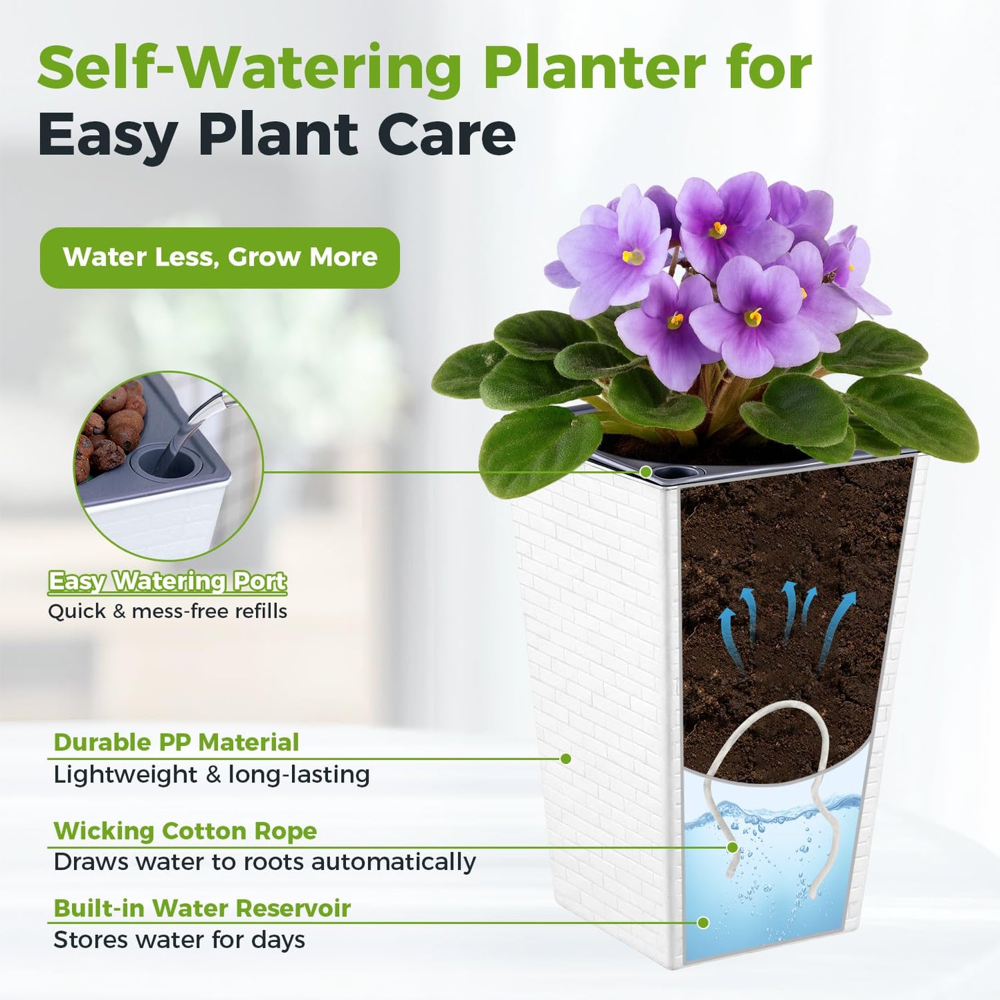 Self Watering Pots for Indoor Plants, 2 Pack Flower Pots Self Watering Planter 10.7" x 6.9" Plastic Pots African Violet Wick and Grow Pots Tall Orchid pots Square Large Plant Pots, White