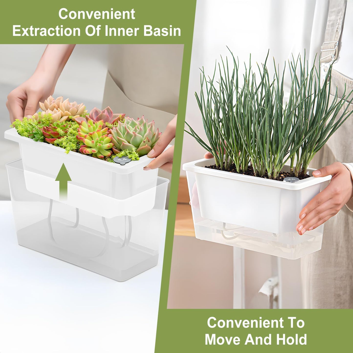 CWYEYE Window Box Planter, 3 Pack 10 Inch Plastic Self Watering Pots for Indoor Plants, Rectangular Flower Pots with Reservoir for Outdoor Indoor Plants Garden Home Decor - White
