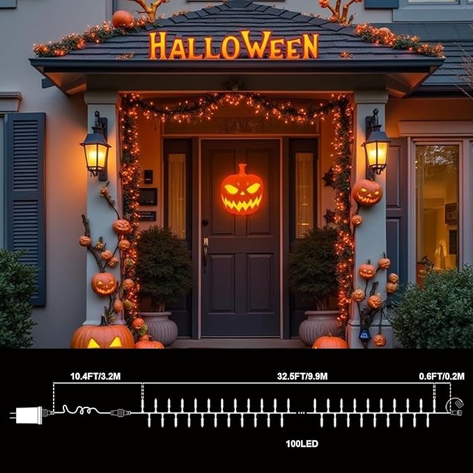 Orange Halloween String Lights Outdoor, Thanksgiving Mini Lights, 32.5FT 100 LED Waterproof Christmas Lights with 16 Lighting Modes for Garden Party Christmas Xmas Tree Lights Autumn Fall Decor