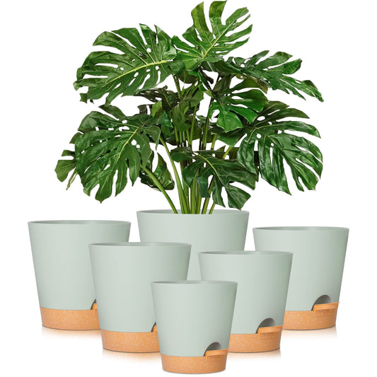 GARDIFE Plant Pots 8/7/6.5/6/5.5/5 Inch Self Watering Planters with Drainage Hole, Plastic Flower Pots, Nursery Planting Pot for All House Plants, African Violet, Flowers, and Cactus,Green
