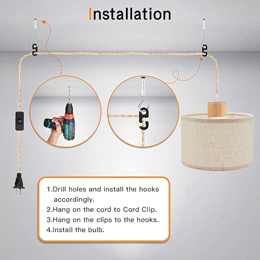 15ft Wood Pendant Light Cord Kit with Shade Ring and ON Off Switch, Hanging Lamp Kit Plug in Cord for Farmhouse, Vintage Swag Light Bulb Cord DIY Twisted Nylon Rope for E26 E27 Socket