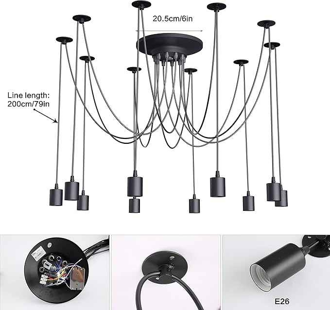 Fuloon Vintage Edison Multiple Ajustable DIY Ceiling Spider Lamp Light Pendant Lighting Chandelier Modern Chic Industrial Dining with Romote Control (10 Head Cable 200cm/78.7inch) (10 Head)