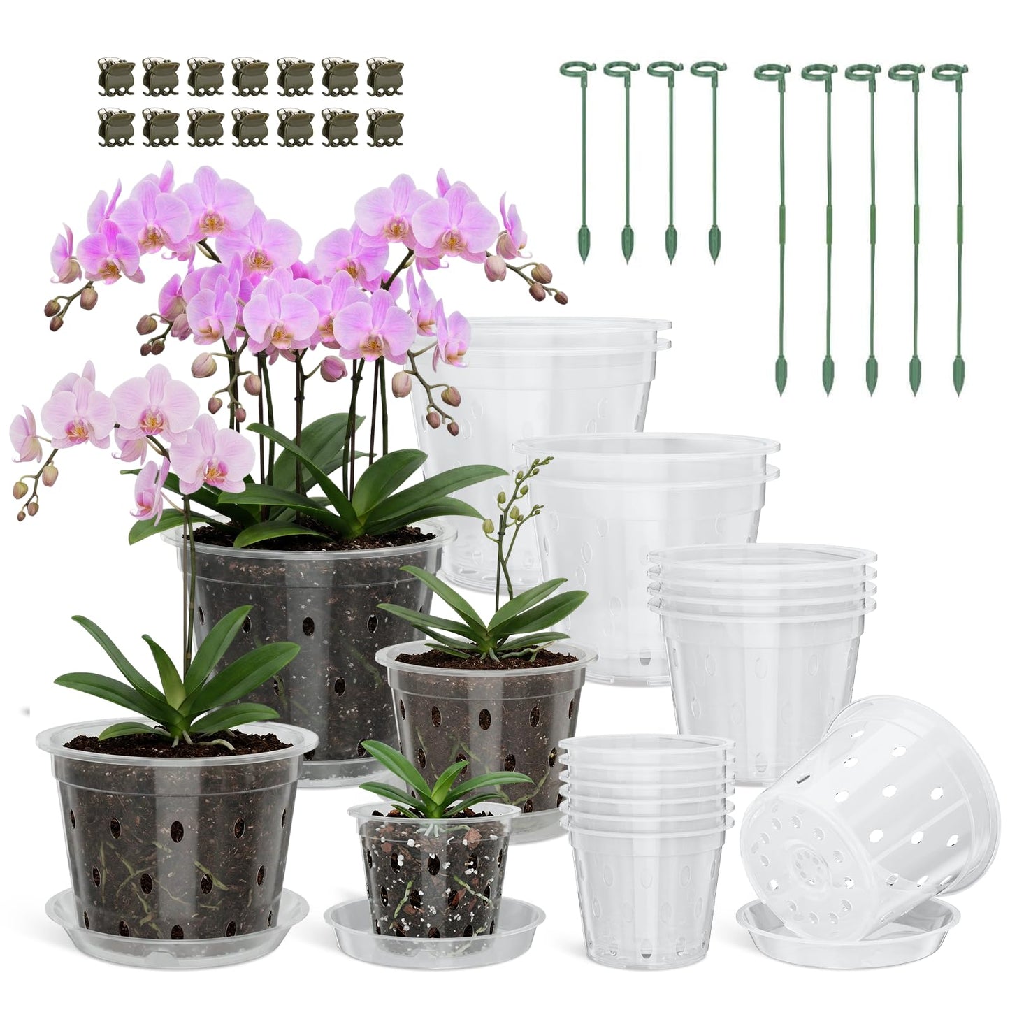 14 Pack Clear Orchid Pots with Holes, 4, 5, 6, 7 Inch Plastic Orchid Pot with Drainage for Repotting, Includes Saucers and Plant Stakes, Large Small Breathable Plant Pots for Indoor Outdoor Use