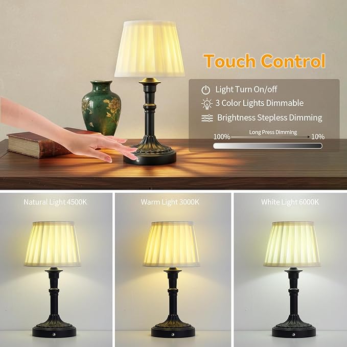 Portables Cordless Table Lamp Set of 2, Fabric Shade Des Lamps,5200mAh Battery Operated,3 Color Stepless Dimming Up,for Restaurant, Bedroom, Camping, Bar, Coffee Shop, (Black)