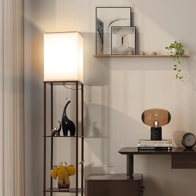 Floor Lamp with Shelves, Modern Square Standing Lamp with 3 Color Temperature Bulb, Corner Display Bookshelf Lamp for Living Room, Bedroom and Office (Brown-9)