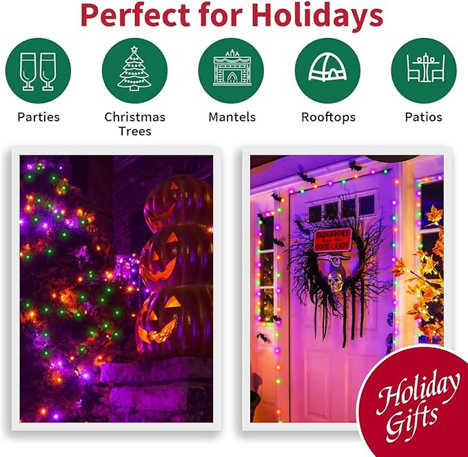 LAMPHOME 165ft Halloween Lights, 500 LED Transparent Wire Fairy Starry String Light Plug in, 16Lighting Modes for Indoor Outdoor Xmas Tree Wedding Party Decoration (Orange Purple Green)