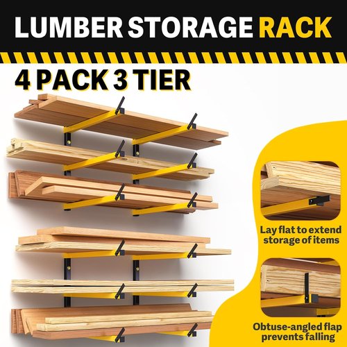 GREENER Lumber Storage Rack - Heavy-Duty Wall-Mounted Wood Organizer | 3-Level Design, Yellow, 4 Pairs