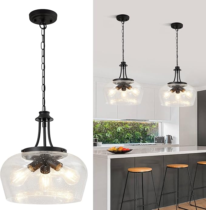 Modern Pendant Lights Kitchen Island, 3-Light Black Pendant Light Fixtures with 14.2" Clear Air Bubble Glass Shade, Industrial Hanging Pendant Lights Fixture for Kitchen Island, Dining Room, Entryway