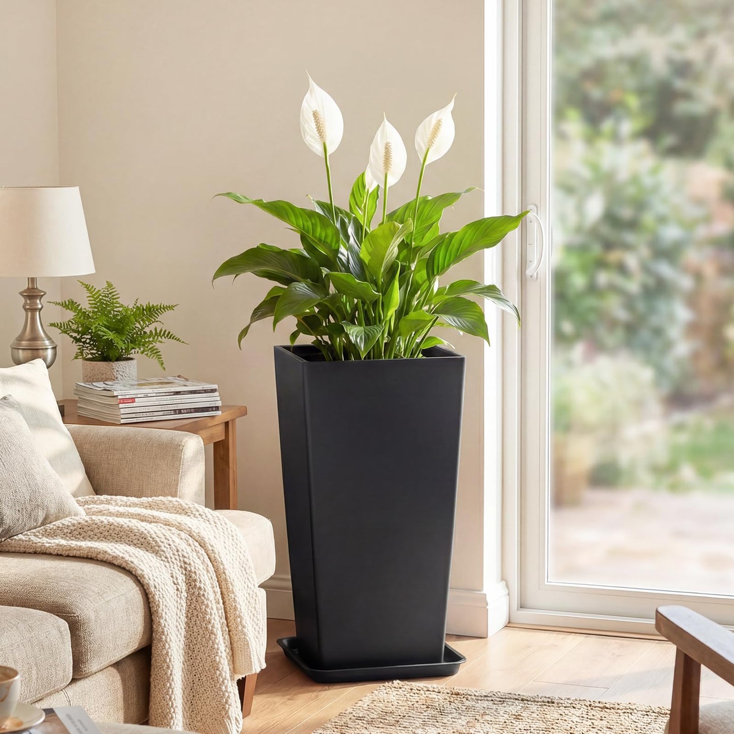 PASAMIC Tall Planters 30 Inch Set of 2, Outdoor Large Planters, Weather Resistant Planter for Outdoor & Indoor Plants, Flower Pots with Drainage Holes, Ideal for Front Porch, Patio, Balcony, Black