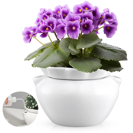 Sunnychicc 1 Set 7.5 Inches African Violet Pots Self Watering White Ceramic Pot for Indoor Plants, Flowerpot with Highly Absorbent Inner Pot for Busy Plant Lovers, Plant Care