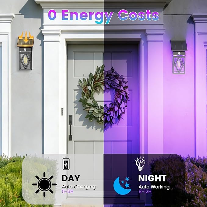 RGB Solar Wall Lights Outdoor, Dusk to Dawn & Motion Sensor Porch Light with Diamond Shape, 10 Modes (RGB Cycle/Fixed) IP65 Waterproof, E26 Bulb Exterior Sconce for Front Porch, Garage, Patio