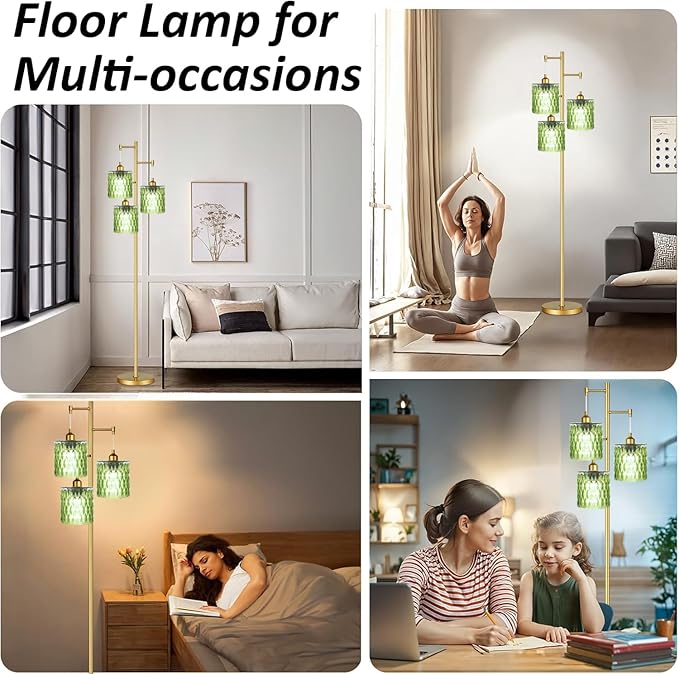 Gold Floor Lamp for Living Room Bedroom,3 Lights Vintage Tree Floor Lamps with Green Glass Shades,Mid Century Modern Floor Lamp for Corner Office,68IN Unique Tall Standing Lamp with Bulbs