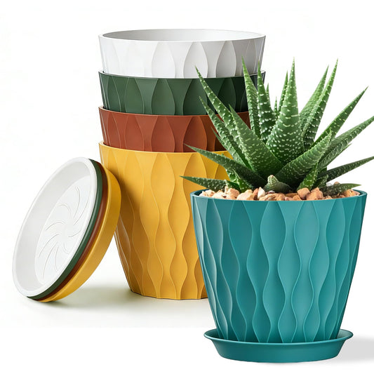 SQKH 8 Inch Plastic Plant Pots,Set of 5 Flower Pots,Planters with Drainage Holes & Saucers, Indoor Outdoor Garden Pots for Home Decor(Colorful)