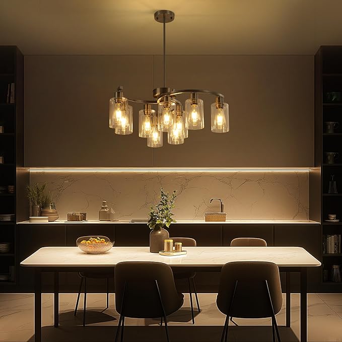 9-Light Brushed Nickel Kitchen Light Fixtures ，29.5" Large Chandeliers for Dining Room， Modern Dining Table Light Fixture，Metal Bracket Pendant Lighting with Downward Clear Glass Shade