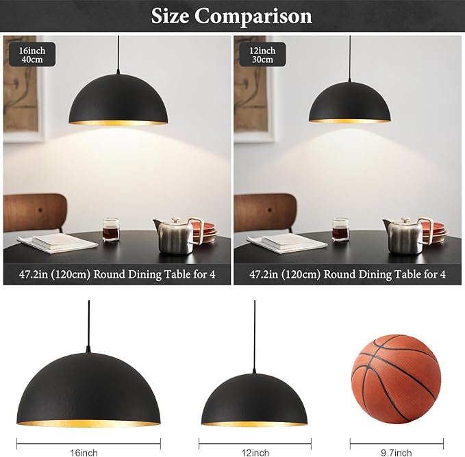 Farmhouse Pendant Light Fixtures,12" Pendant Lights Kitchen Island, Black and Gold Industrial Hanging Ceiling Light for Kitchen Foyer Cafe Dining Room Sink,2 Pack