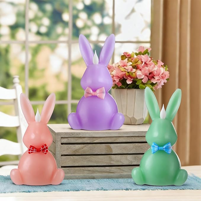 3PCS Easter Bunny Flameless Candles, LED Easter Candles Battery Operated Rabbit-Shaped Real Wax Pink Purple Green,Spring Party Decoration Centerpiece Table Home Decor (No Remote)