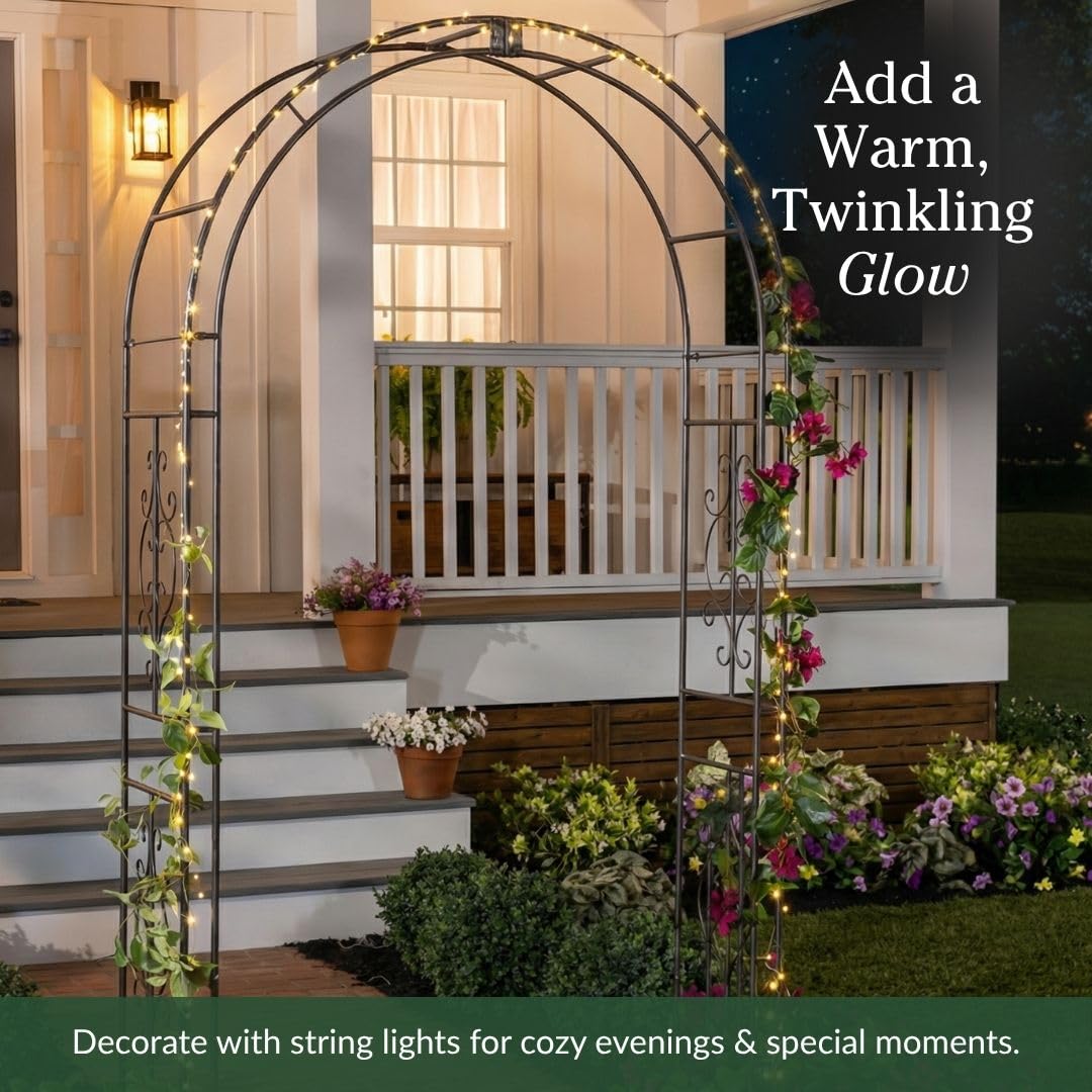 Plow & Hearth Arch Metal Outdoor Garden Arbor 7 Feet Tall Black Iron Trellis for Climbing Plants Outdoor, Wedding Party Arch, Outdoor Patio Decor