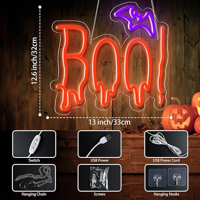 Halloween Neon Sign, Orange Purple BOO Bat Neon Light Up Sign for Halloween Party Decorations, Dimmable Neon Halloween Led Sign for Wall Decor, Spooky Boo Neon Sign for Trick or Treat Party Backdrop