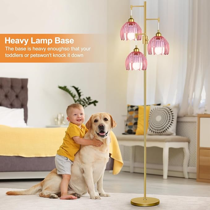 Gold Floor Lamps for Living Room Vintage Pink Floor Lamp with Glass Lmapshape & Three Led Bulb,Dimmable Mid Century Modern Standing Lamp Tall Tree Flower Floor Lamps for Bedroom,Office,Corner