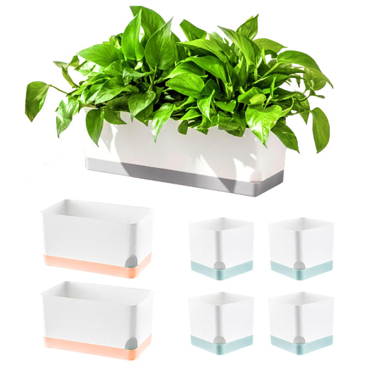 LaLaGreen Planters for Indoor Plants (7 Pack) Assorted Color Window Boxes, Rectangular Self-Watering System Long Windowsill Plant Pots with Drainage Herb Garden Flower Box Modern Stylish Outdoor