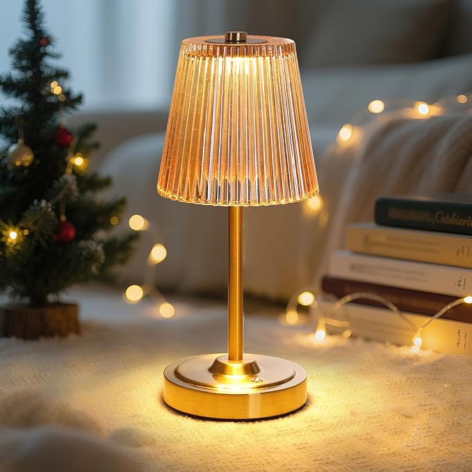 Cordless Touch Table Lamp with 5200mAh Battery - 3 Adjustable Color Temperatures & Dimmable, Rechargeable Desk Lamp for Bedroom, Living Room, Office, Entryway, Bookshelves (Amber Stripe)