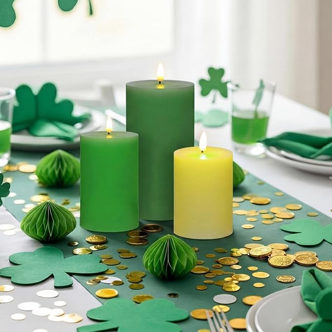 3 Pcs St Patrick s Day Flameless Candles Battery Operated Wax LED Flickering Flameless Pillar Candles with Remote for Home Table Wedding Holiday Party Decor