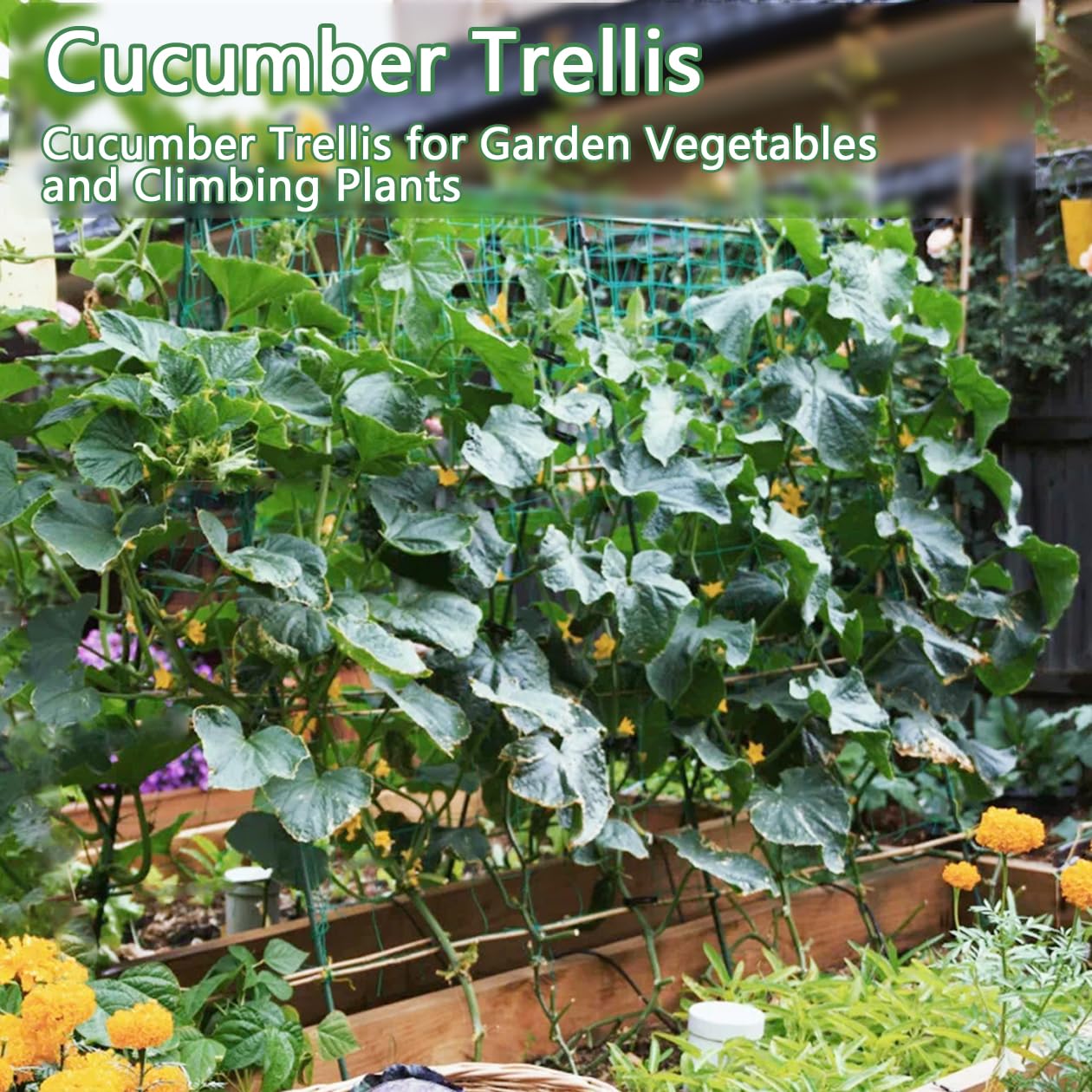 Cucumber Trellis,A-Shape Garden Trellis for Raised Beds with Climbing Net,Plant Support for Climbing Plants Outdoor,47x47inch Metal Vegetables Trellis