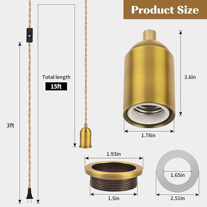 Plug in Pendant Light Kit with Switch - 15 FT Braided Woven Rope Light Bulb Cord, E26 Socket, Vintage DIY Hardwire Swag Lamp Kit for Pendant & Hanging Lights, Hemp Color