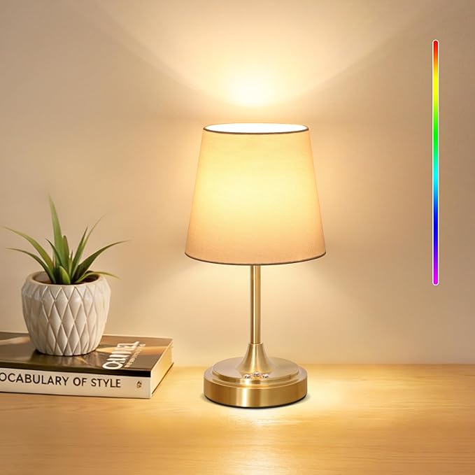 Small Cordless Table Lamp Rechargeable,5000mAh Battery Operated Desk Lamp,3 Colors & 7 RGB Stepless Dimmable,Touch Ambient Light for Bedside,Bedroom,Dining Room,Living Room,Gold,WhiteShade
