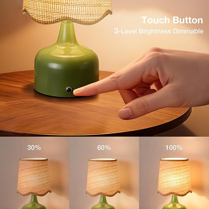 Cordless Boho Table Lamp Green, Scalloped Wicker Shade, 5200-mAh Rechargeable Battery, 3-Way Dimmable, Build-in Integrated LED 320 Lumen Max, for Bedside Living Room
