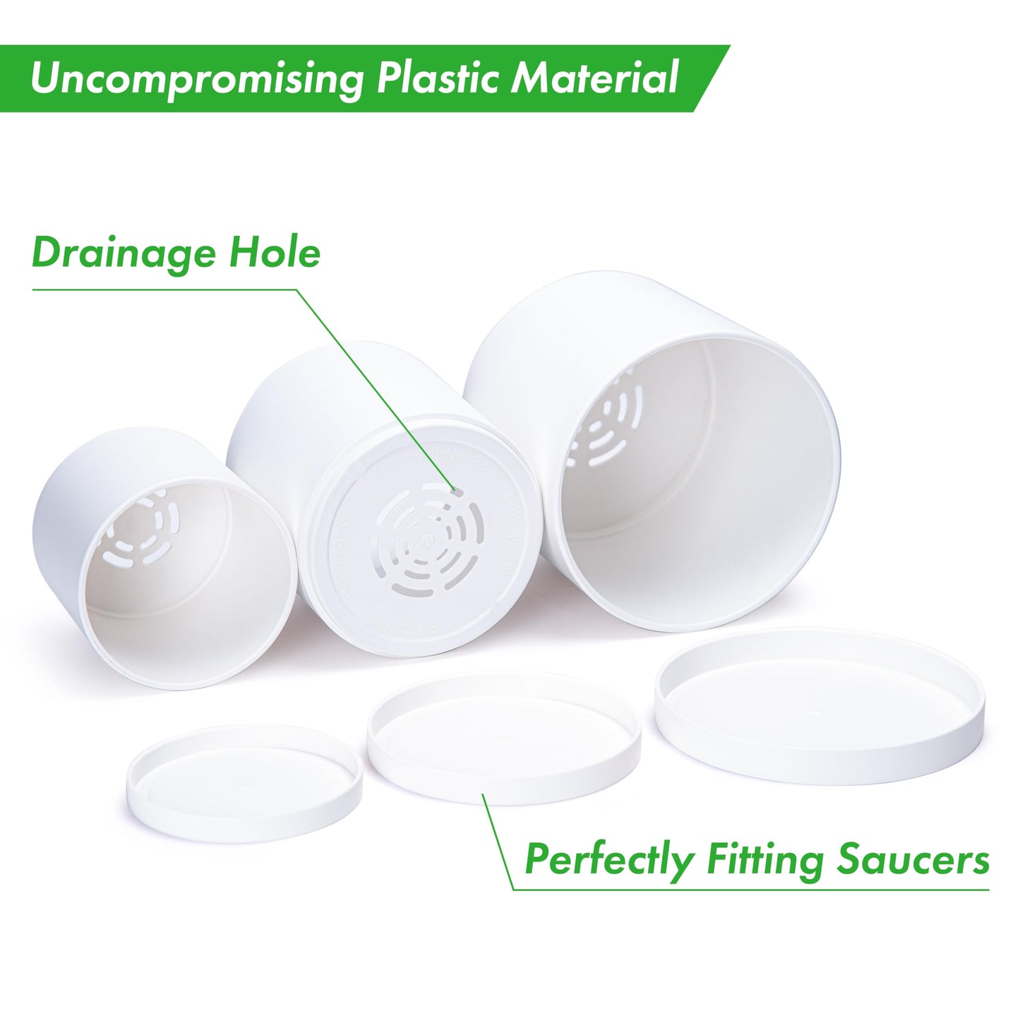 D'vine Dev 4.5 Inch 5.5 Inch 6.5 Inch, Set of 3 Plastic Planter Pots for Plants with Drainage Hole and Seamless Saucers, White Color, Small Plus, 74-V-A-2
