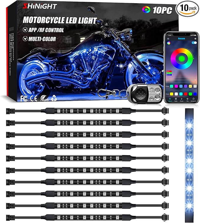 SHINIGHT 10 Pcs Motorcycle LED Light Kits, App Control Multicolor Waterproof Motorcycle LED Strip Lights with RF Remote, Music Sync & Multiple Scene Modes RGB LED Lights for Motorcycles, black