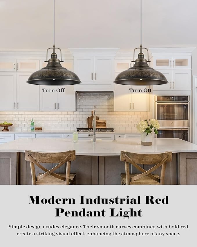 Brass Pendant Light Kitchen Island,16 Inch Large Industrial Pendant Lights, Black and Brass Pendant Lights, Vintage Farmhouse Pendant Light for Kitchen Island, Dining Room (2 Pack)