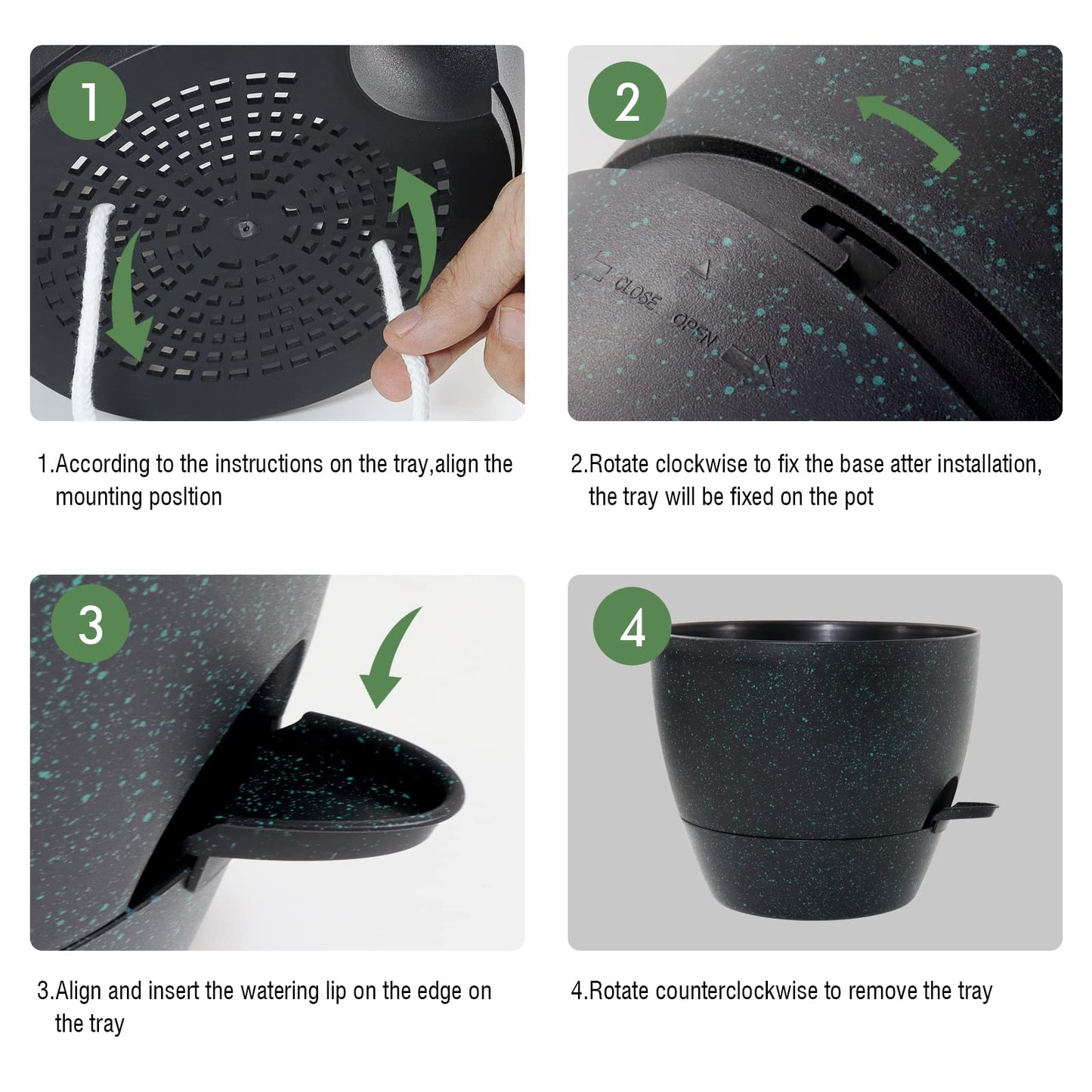 12inch 2Pack Large Self Watering Planters, Plastic Plant Pots with 60oZ Removable Deep Reservoir and Multi Mesh Drainage Holes for Indoor Outdoor Garden Plants and Flowers, Black with Green Speckles