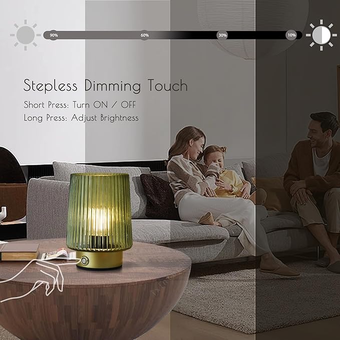Cordless Lamp Rechargeable Battery Operated lamp, Glass Small Table lamp - Portable Dimmable Brightness Touch Wireless Bedside Lamp for Bedroom/Kitchen/Entryway/Home Living Room Decor Green