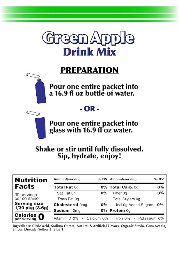 GramZero 2GO Sticks - Green Apple, Zero Calorie Sugar Free Drink Mix, Stevia Sweetened, Great For Nutrition Club Loaded Tea To Go Kits