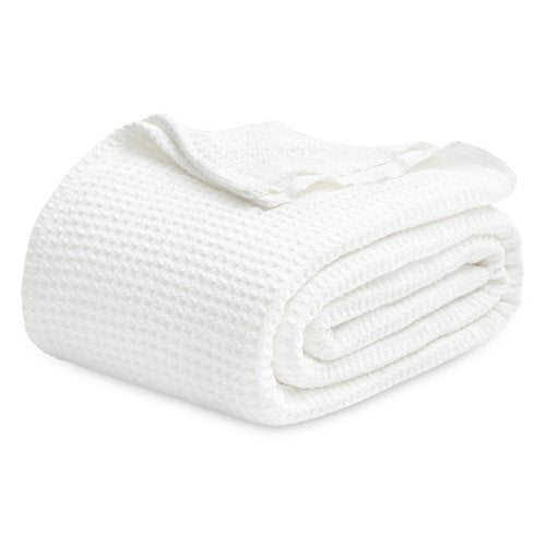 Bedsure Gentlesoft 100% Cotton Blanket Queen Size for Bed - Cooling Breathable and Soft for Spring Summer, Thick Cozy Waffle Weave Blanket Gifts for Women, White, 90x90 Inches