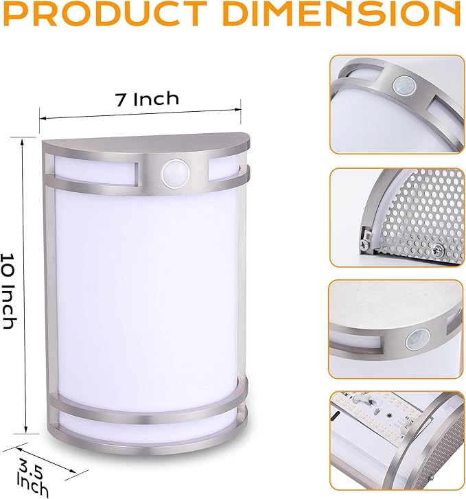 CLOUDY BAY Indoor/Outdoor Motion Sensor LED Wall Light,120V 15W 1000LM Porch Light,3000K/4000K/5000K Selectable,Wet Location,Brushed Nickel