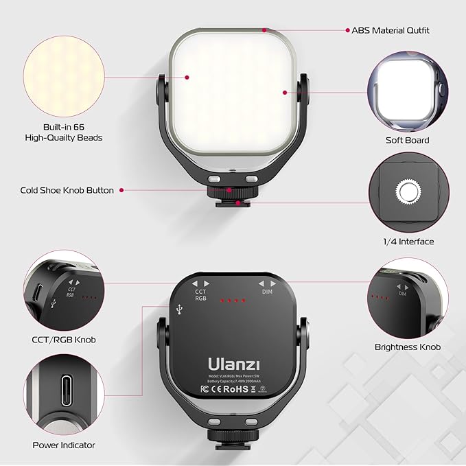 ULANZI VL66 RGB Adjustable Rechargeable 2500-6500K - Mini Video Portable Light on Camera, 2000mAh CRI95+ Dimmable, Ultra Bright Photo and Video Lighting, LED Fill Lamp for DSLR Camcorder Action Camera
