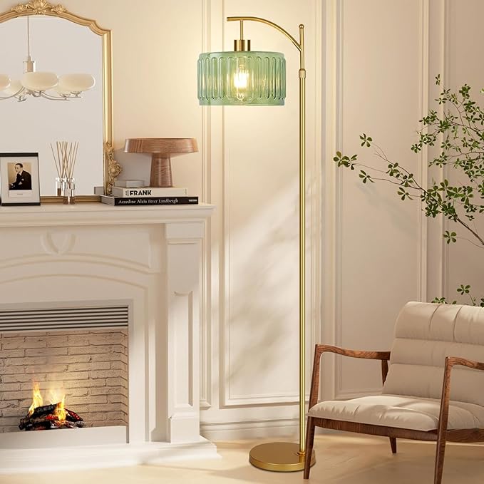 Floor Lamp for Living Room,Bedroom,Gold Dimmable Standing Lamp with Remote,Mid Century Modern Brass Tall Lamp Retro Vintage Glass Lamp Floor Light Boho Bohemian