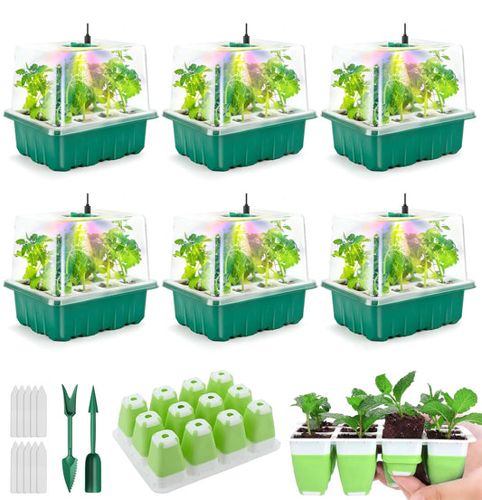 Seed Starter Tray with Grow Light, 72 Cells Indoor Seed Starter Kit, Flexible Silicone Seedling Starter Trays, Germination Tray Kit with Humidity Dome & Lids(4in Height), Reusable & Dishwasher Safe