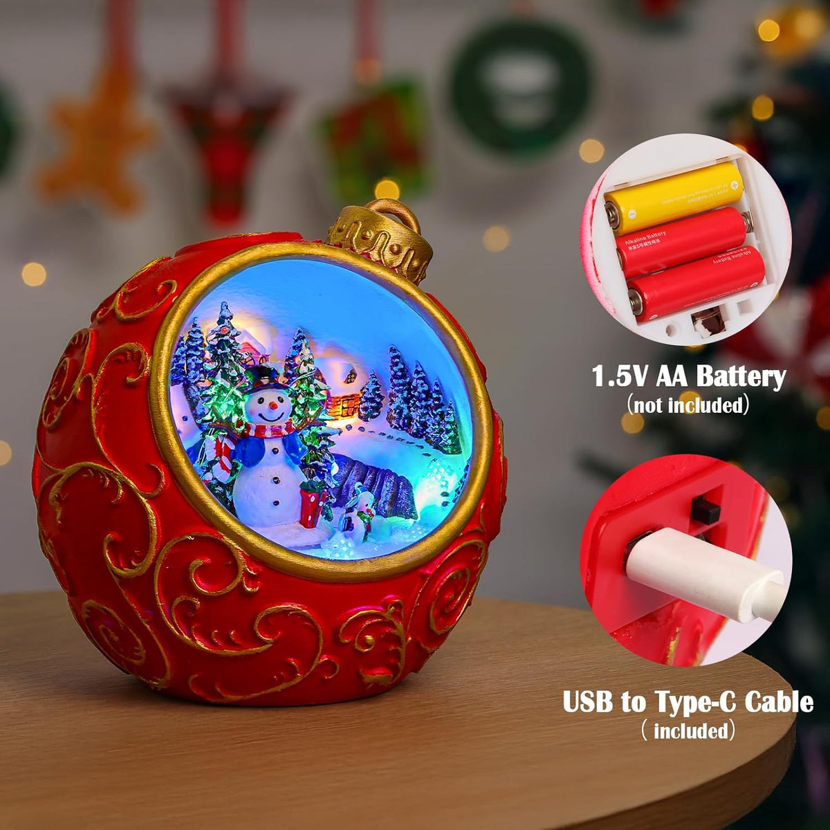 Priddop Animated Christmas Village Scene - Rotating Snowman with LED Lights & Music | USB/Battery Operated Collectible Figurines