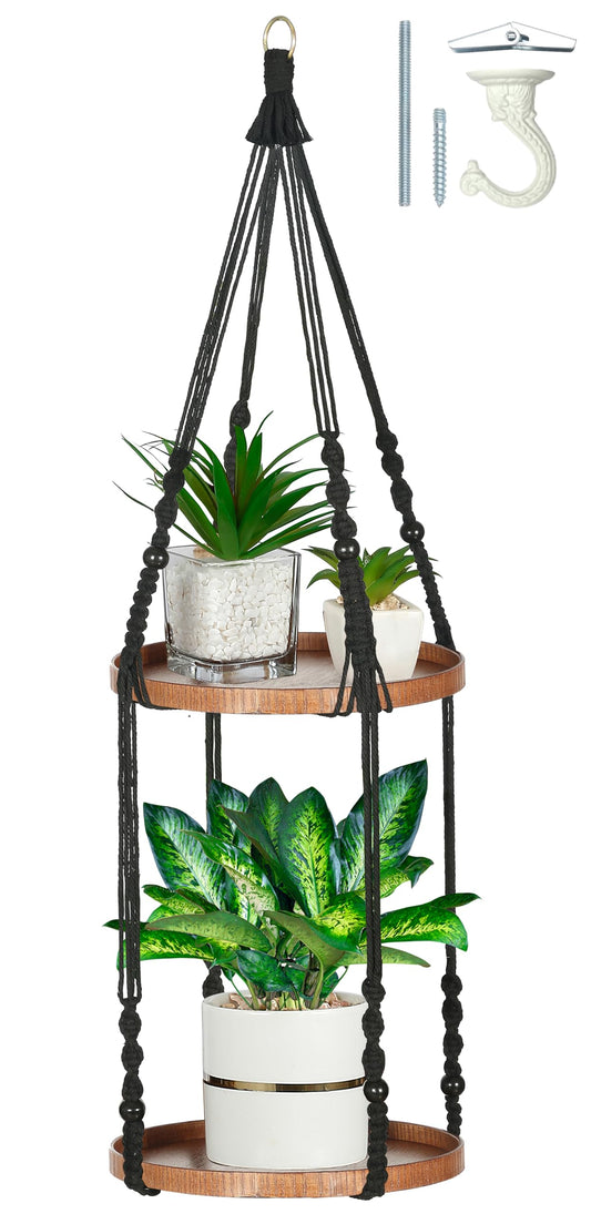 Shineloha 2 Tier Macrame Plant Hanger | Plant Hanger Indoor, Hanging Planter | Hanging Planter Shelf (Black) (Large, 12" Shelf)